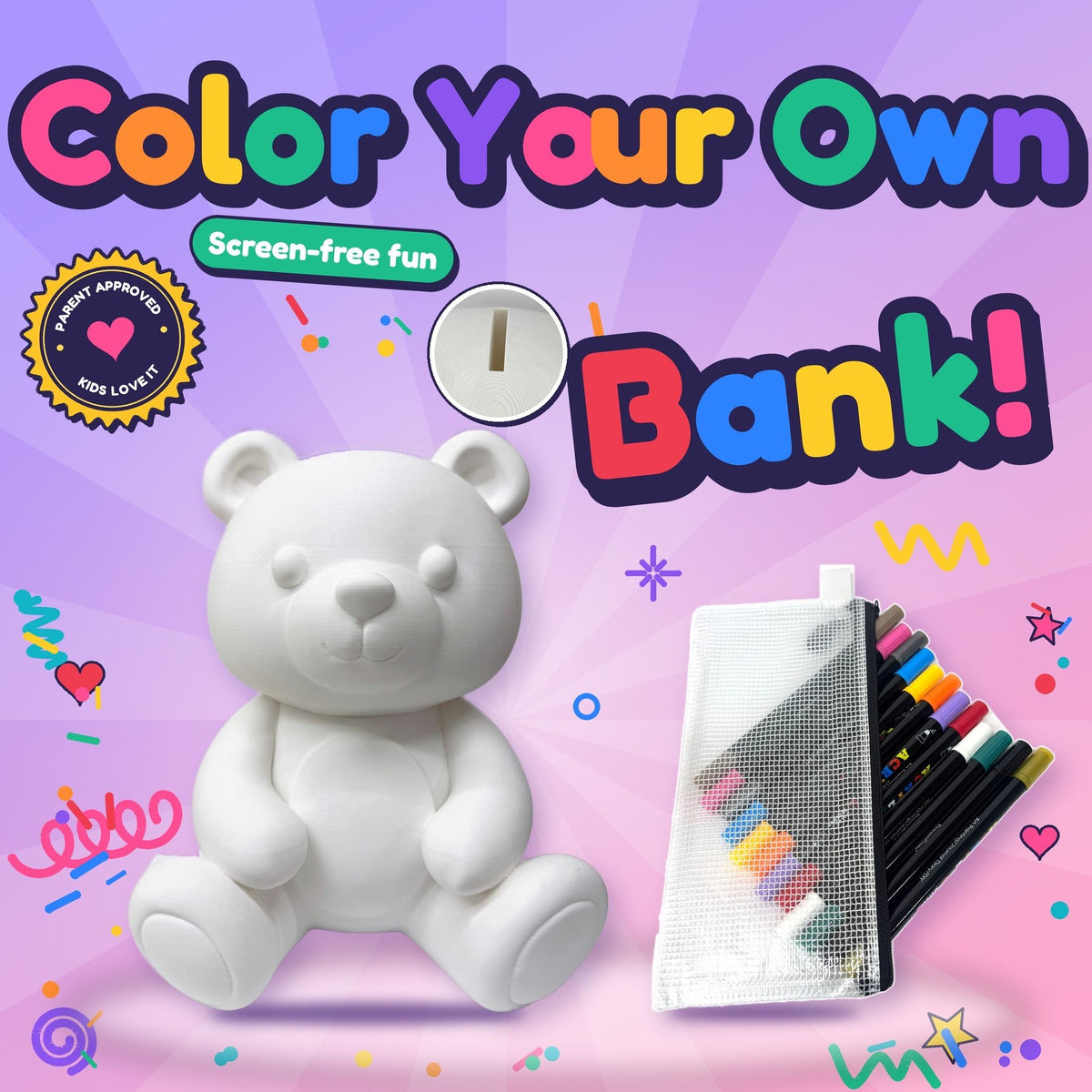 Color Your Own Bear Bank 11.75 Inch Tall – Creative Coloring Kit