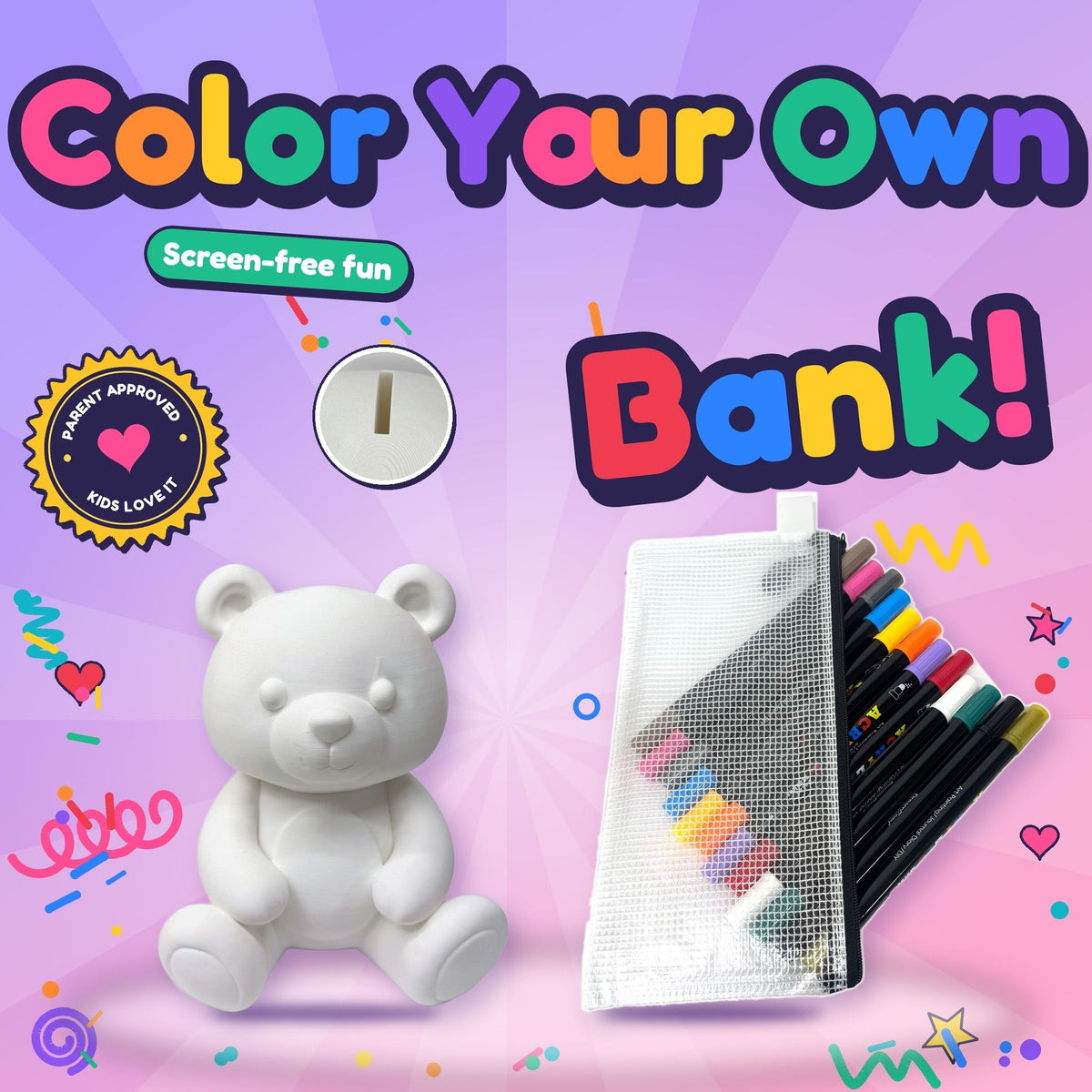 Color Your Own Bear Bank 7.75 Inch Tall – Creative Coloring Kit