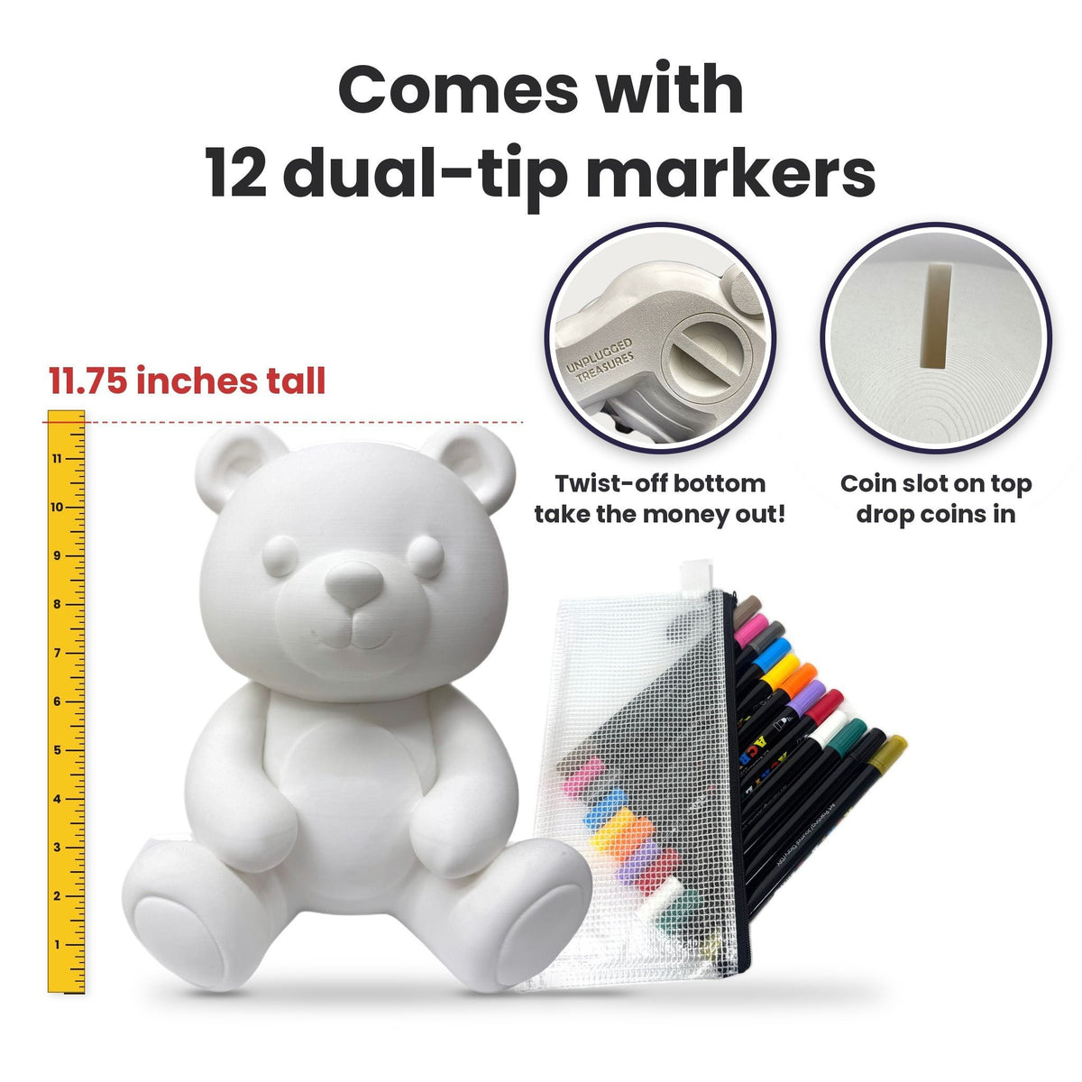 Color Your Own Teddy Bear Bank  11.75" Tall – Creative Coloring Kit