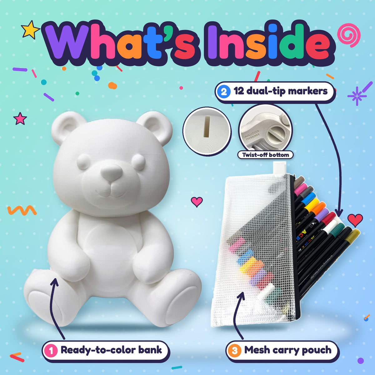 Color Your Own Teddy Bear Bank  11.75" Tall – Creative Coloring Kit